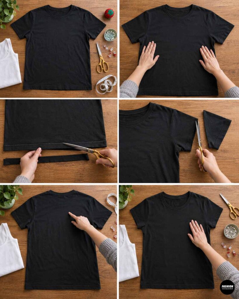 Black T-shirt laid flat on a wooden table while the hem and sleeves are trimmed to prepare it for a DIY skeleton cutout Halloween top.