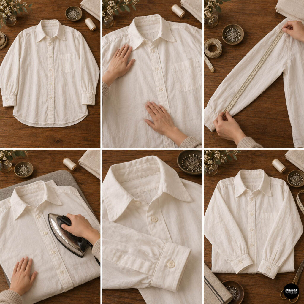 White button-up shirt preparation collage showing the shirt laid flat, sleeve length measured, fabric pressed with an iron, and collar and cuffs checked before creating a Victorian ghost costume.