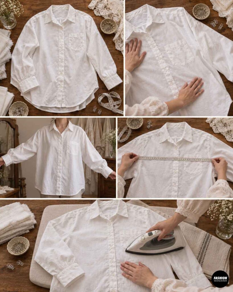 White button-up shirt laid flat on a wooden table while being smoothed, measured, and pressed to prepare it for a Victorian ghost blouse Halloween upcycle.