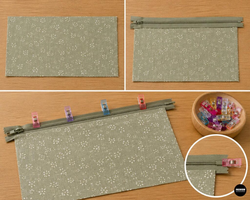 Sage green zipper aligned and clipped to the top edge of floral exterior fabric while preparing to sew a beginner-friendly DIY zippered pencil pouch.