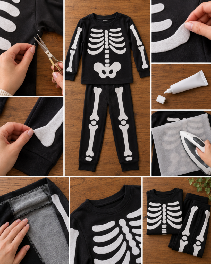 Collage showing a completed black skeleton pajama costume being inspected, loose threads trimmed, felt bone pieces checked, and the finished costume lightly pressed with an iron.
