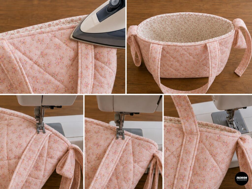 Step-by-step sewing collage showing a pink floral quilted tote bag being pressed and topstitched around the upper edge to secure the lining, handles, and decorative bow ties for a neat finish.