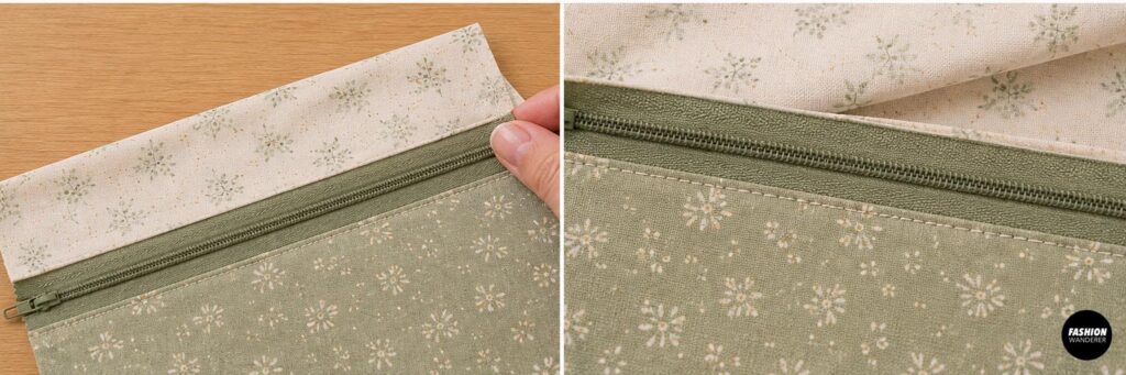 Close-up sewing tutorial showing floral fabric pressed away from a sage green zipper and neatly topstitched to create a professional pencil pouch finish.