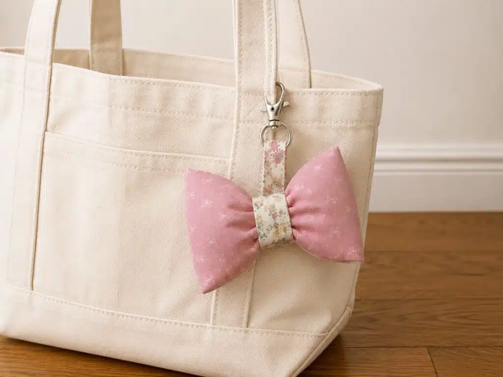 DIY puffy fabric bow bag charm made from pink bow-print cotton with a floral center and swivel clasp, attached to a cream canvas tote bag.