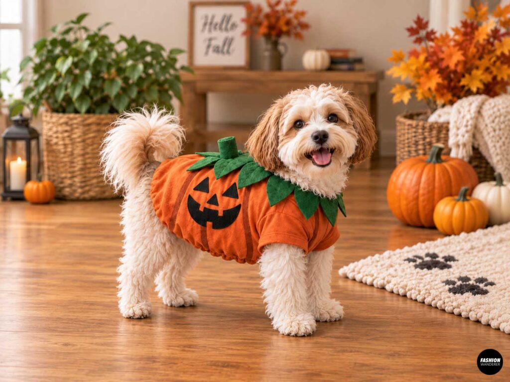 Small fluffy dog wearing an orange DIY pumpkin costume made from an upcycled T-shirt, featuring a black jack-o&rsquo;-lantern face, green felt leaf collar, and soft pumpkin stem in a cozy fall setting.