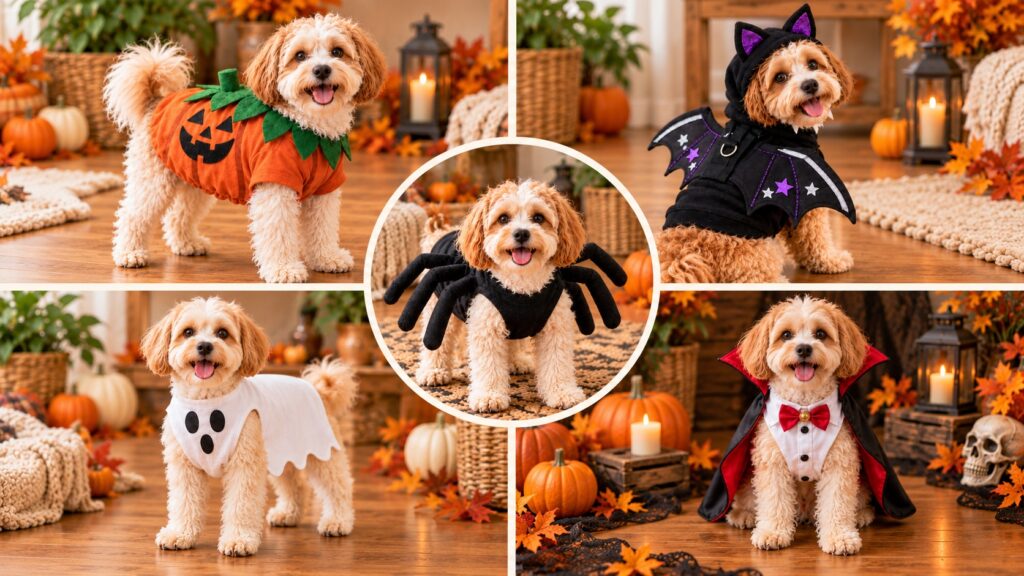 Collage of a small fluffy dog modeling four visible upcycled Halloween costumes, including pumpkin, bat, spider, ghost, and vampire-inspired looks, arranged in a warm autumn setting with pumpkins, leaves, and lanterns.