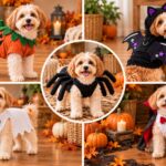 Collage of a small fluffy dog modeling four visible upcycled Halloween costumes, including pumpkin, bat, spider, ghost, and vampire-inspired looks, arranged in a warm autumn setting with pumpkins, leaves, and lanterns.