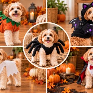 Collage of a small fluffy dog modeling four visible upcycled Halloween costumes, including pumpkin, bat, spider, ghost, and vampire-inspired looks, arranged in a warm autumn setting with pumpkins, leaves, and lanterns.
