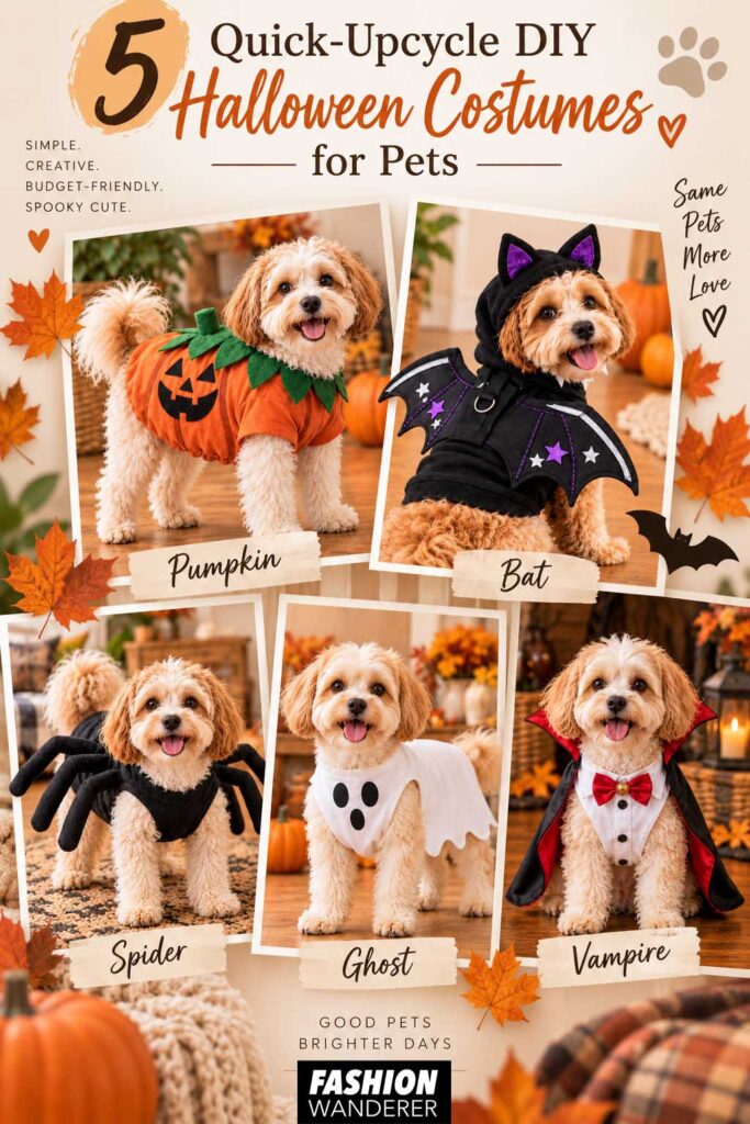 Vertical Pinterest collage featuring five DIY pet Halloween costume ideas&mdash;pumpkin, bat, spider, ghost, and vampire&mdash;with autumn leaves, pumpkins, and the title &ldquo;5 Quick-Upcycle DIY Halloween Costumes for Pets.&rdquo;
