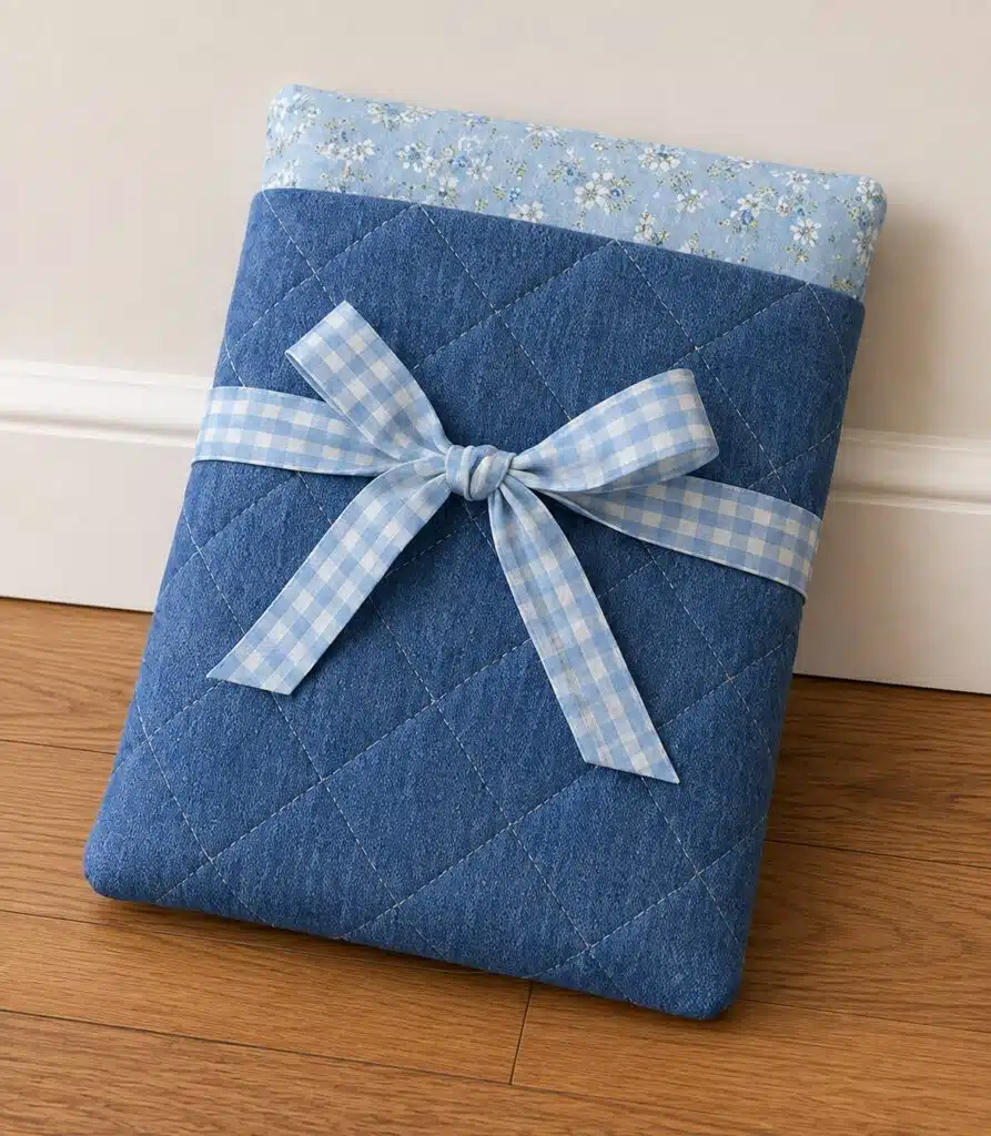 DIY quilted book and Kindle sleeve in blue fabric with floral lining and a gingham bow closure, a beginner-friendly handmade gift and sewing project to sell.