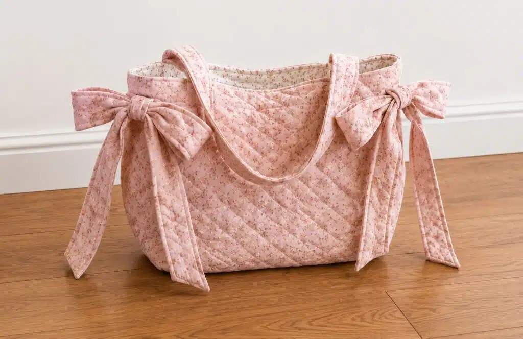 DIY quilted slouchy bow tote bag made with pink floral fabric, diamond quilting, long shoulder straps, and oversized side bows, an easy sewing project to make and sell.