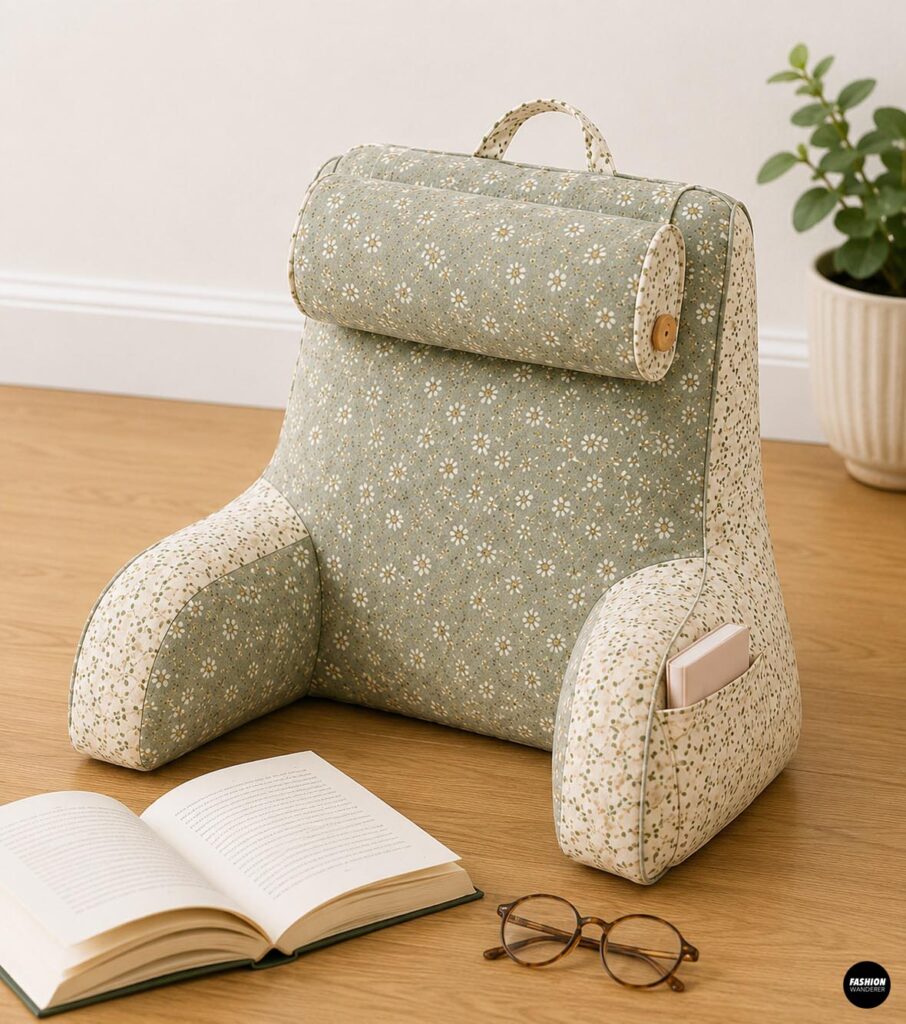 Handmade floral reading pillow with cushioned back support, armrests, side pocket and handle, a cozy sewing project for reading and homework.