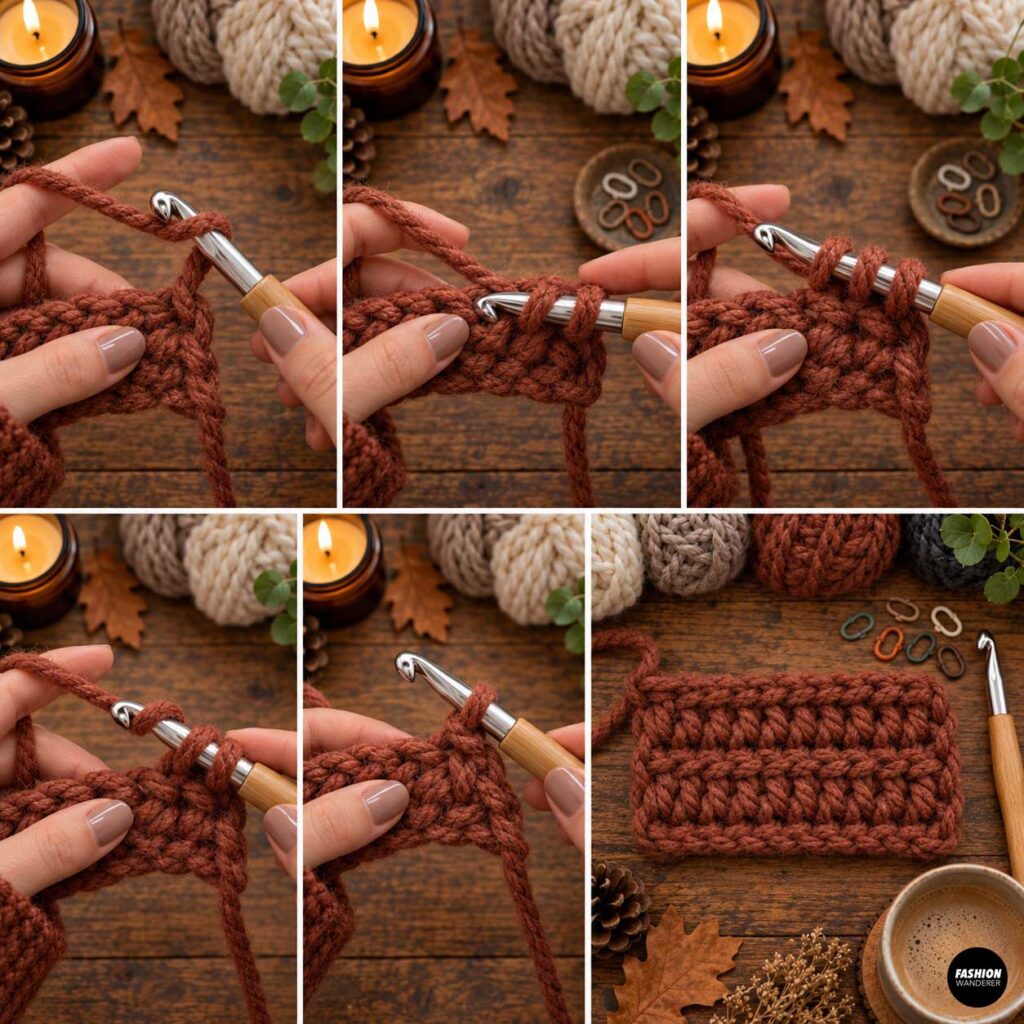 Step-by-step half double crochet tutorial using rust-colored chunky yarn and a large crochet hook, showing the stitches used for a chunky hooded scarf.