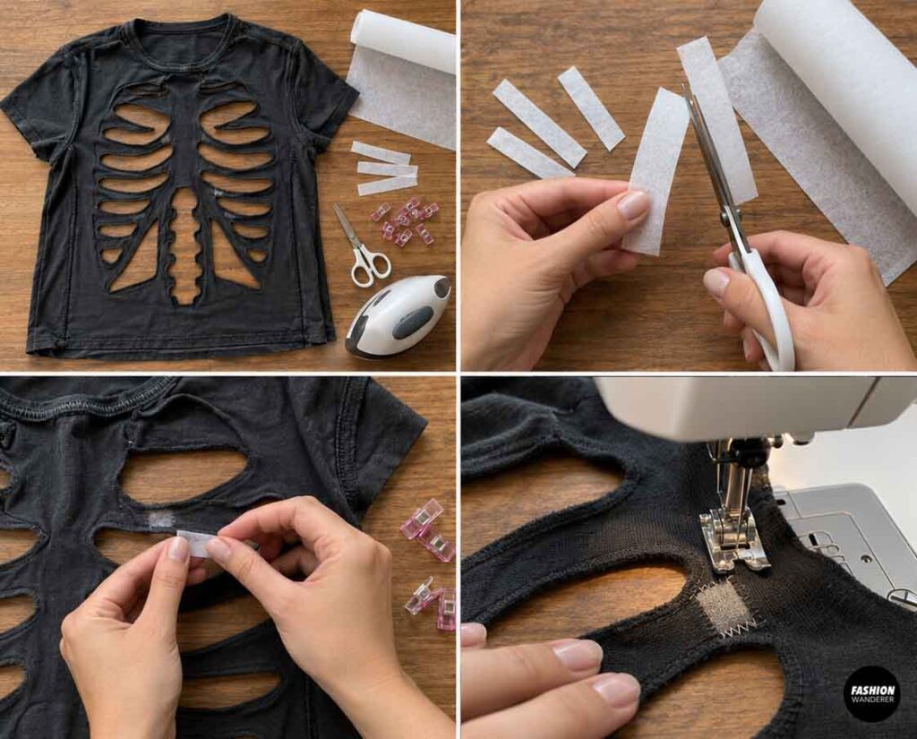 Lightweight fusible interfacing strips being cut, positioned, and stitched around delicate skeleton cutout areas on a black T-shirt for added strength.