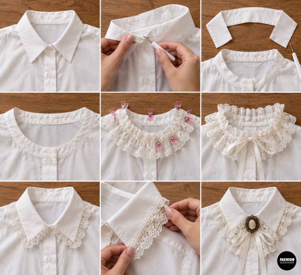Step-by-step collage showing the original shirt collar being removed and modified, then decorated with lace trim, ribbon, and a vintage cameo brooch.