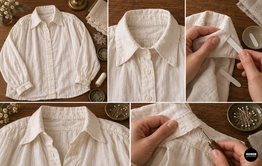 Close-up tutorial showing a white button-up shirt collar being inspected and carefully unpicked with a seam ripper to soften modern shirt details for a Victorian-style makeover.