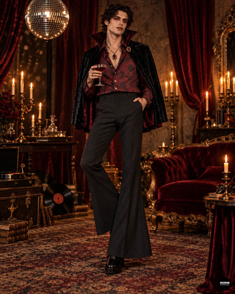 Man wearing a DIY Victorian ghost gentleman costume with a white ruffled shirt, lace cuffs, dark vest, suspenders, scarf, black hat, pocket watch, trousers, and vintage boots in a candlelit Victorian room.