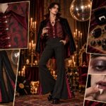 Collage featuring a finished 1970s disco vampire costume with retro red patterned shirt, burgundy ruffle, black flared trousers with velvet inserts, vampire cape, platform shoes, jewelry, fangs, and smoky makeup.