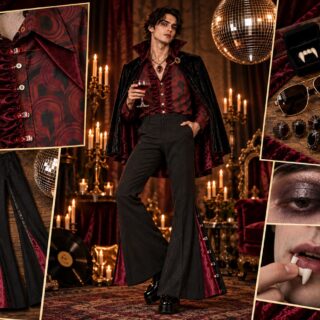 Collage featuring a finished 1970s disco vampire costume with retro red patterned shirt, burgundy ruffle, black flared trousers with velvet inserts, vampire cape, platform shoes, jewelry, fangs, and smoky makeup.