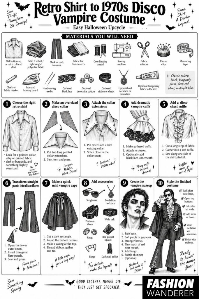 Black-and-white sewing infographic showing how to upcycle a retro shirt into a 1970s disco vampire costume with oversized collar extensions, dramatic cuffs, chest ruffle, flared pants, mini cape, accessories, and vampire makeup.