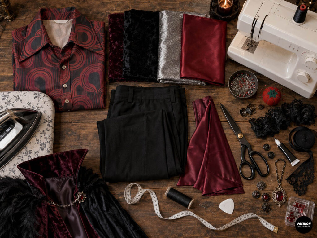 Flat lay of materials for a 1970s disco vampire Halloween costume including retro red patterned shirt, black trousers, burgundy velvet, black velvet, silver fabric, sewing machine, scissors, lace, thread, measuring tape, buttons, jewelry, cape, and sewing supplies.