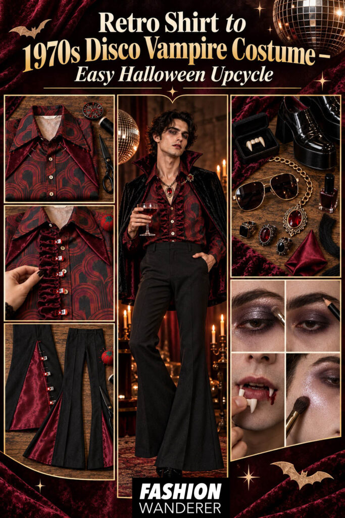 Vertical Pinterest pin for Retro Shirt to 1970s Disco Vampire Costume featuring a man in a red patterned retro shirt, black flared pants, burgundy vampire cape, platform shoes, sewing details, accessories, and vampire makeup.