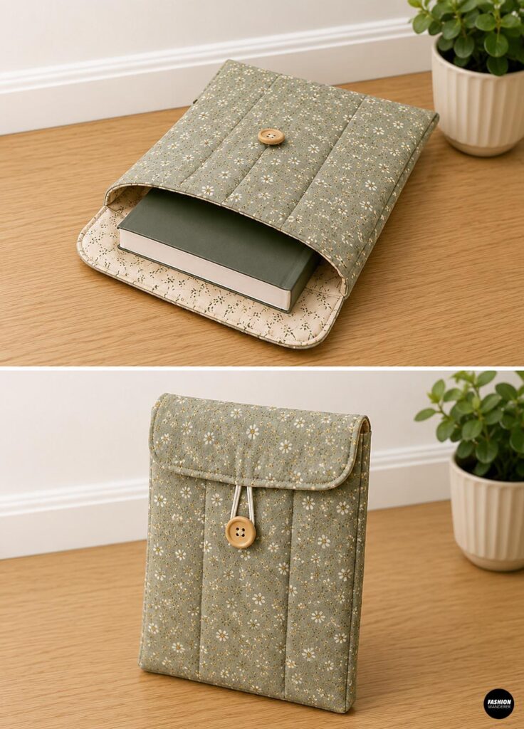 Padded DIY book sleeve sewn from sage green floral fabric with a button closure, a beginner-friendly sewing project for protecting books.