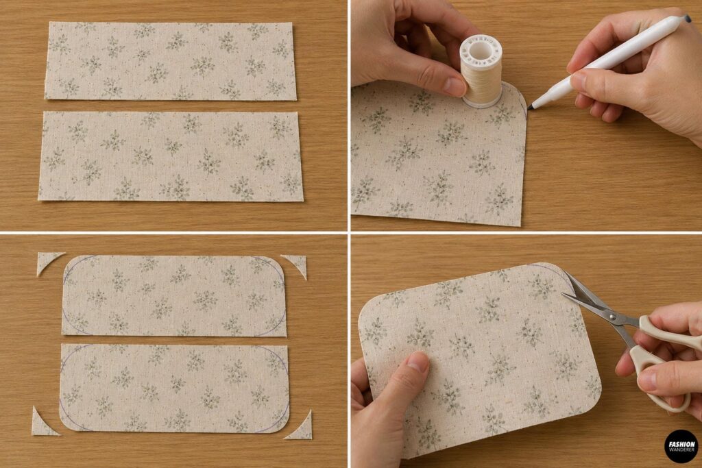 Step-by-step sewing tutorial showing how to mark and trim rounded corners on fabric pieces for a DIY cable organizer.