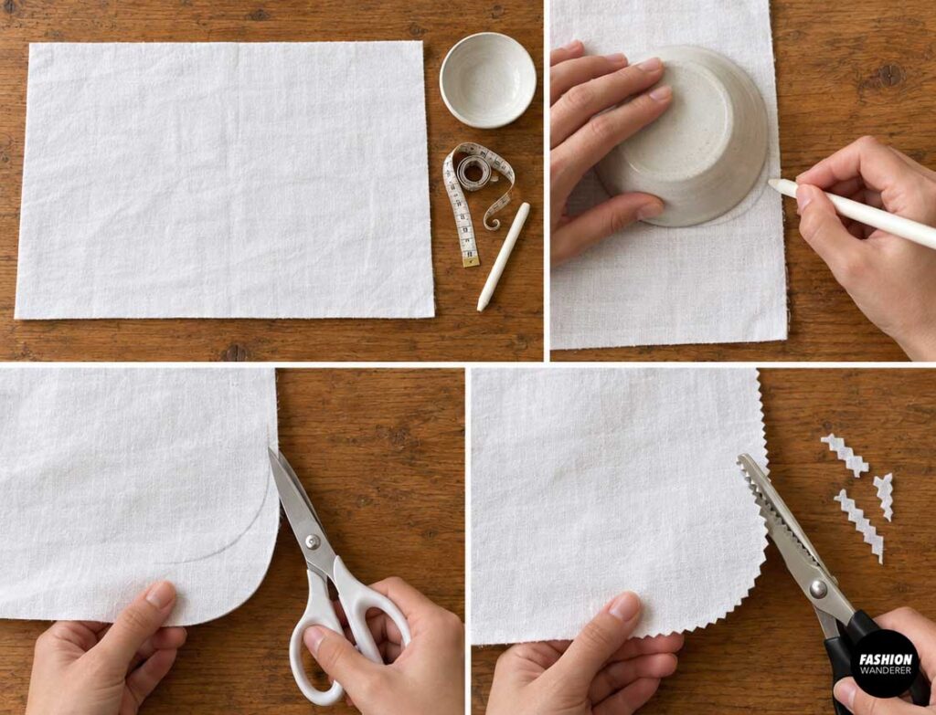Step-by-step collage showing a bowl used to trace rounded corners on white fabric, followed by trimming with scissors and pinking shears for a soft ghost costume edge.