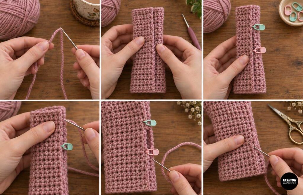 Close-up tutorial collage showing the sides of a pink crochet glove being hand-seamed with a yarn needle while leaving an opening for the thumb.