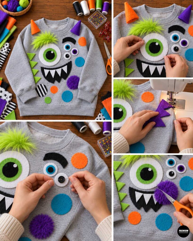 Collage showing a finished monster sweatshirt while hands reinforce felt eyes, horn and spike details, buttons, pom-poms, and other fabric scrap decorations with hand stitching and machine sewing, then trim excess threads.