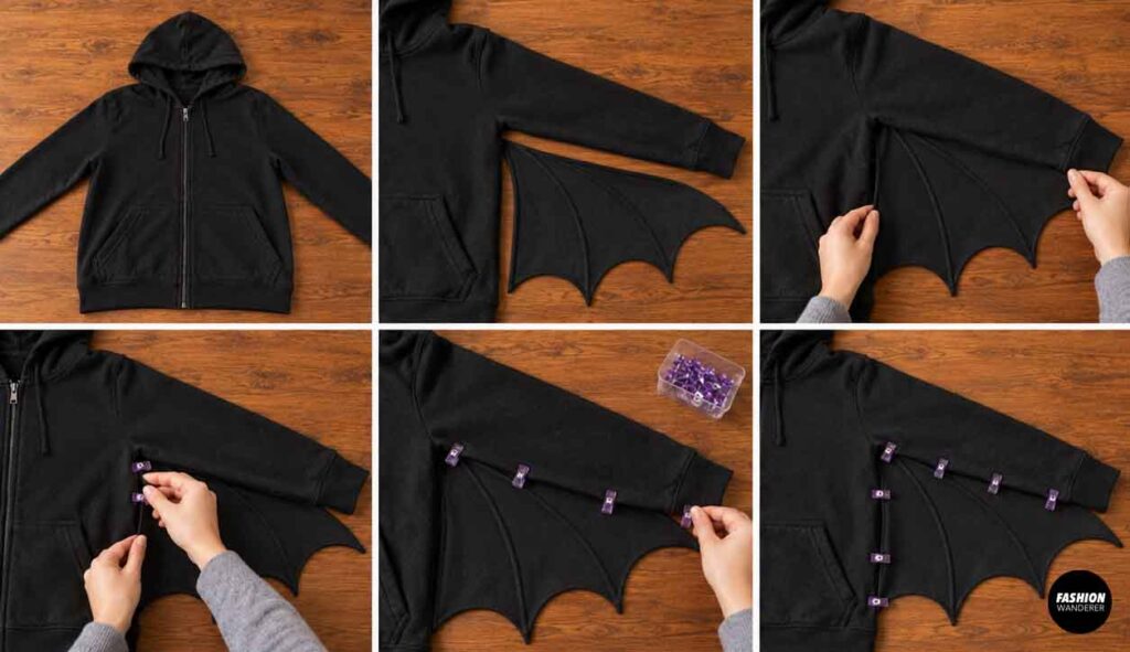 Black fabric bat wings with curved scalloped edges being positioned beneath a hoodie sleeve and clipped in place for a DIY bat wing costume.