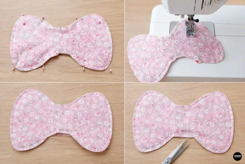 Collage showing a pink floral bow-shaped fabric piece pinned around the edges and sewn with a sewing machine, leaving a small opening for turning and stuffing.