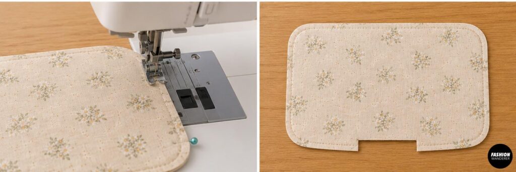 Sewing machine stitching around the rounded edges of a floral fabric cord organizer while leaving an opening for turning right side out.