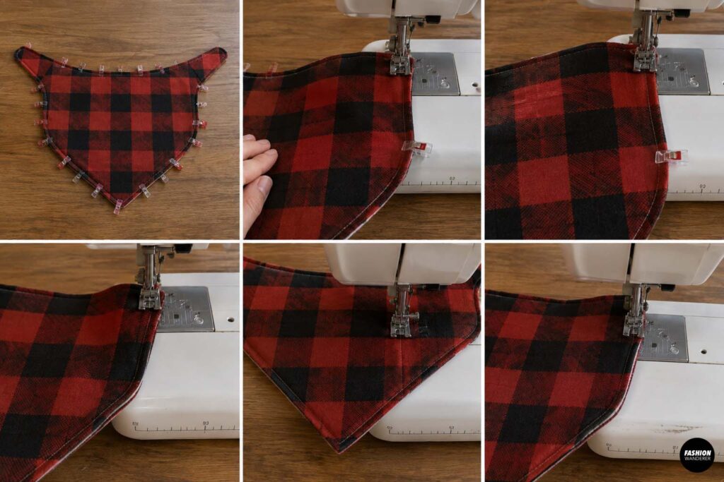 Step-by-step collage showing a red and black buffalo plaid dog bandana being sewn around the curved edges and pointed bottom with a sewing machine.