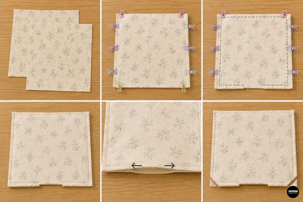 Step-by-step tutorial showing cream floral lining pieces clipped and sewn together with an opening left for turning a fabric book sleeve.
