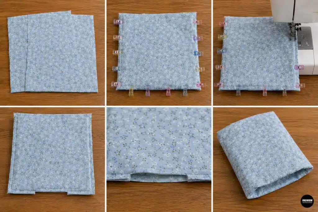 Sewing collage showing two light blue floral lining pieces clipped right sides together, stitched around the sides and bottom while leaving an opening, and turned into the Kindle sleeve lining.