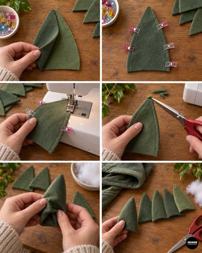 Green fabric spike pieces are paired, clipped, stitched around the curved edges, trimmed, turned right side out, and shaped into soft dimensional dinosaur spikes.