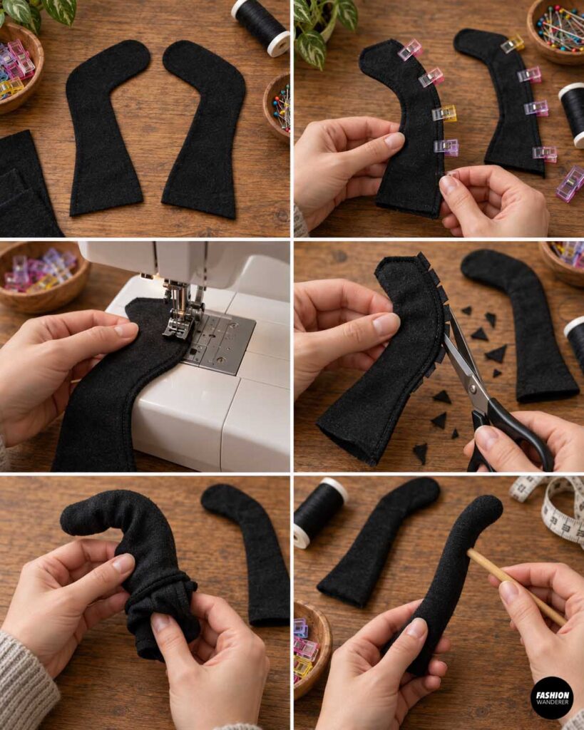 Sewing collage showing matching black spider-leg pieces clipped together, stitched on a sewing machine, clipped along the curved seams, turned right side out, and shaped.