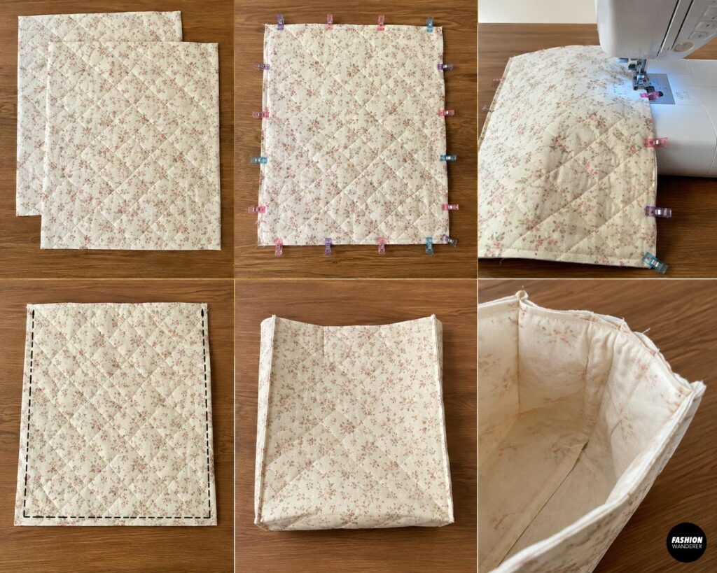 DIY quilted tote bag tutorial showing two floral quilted exterior panels clipped right sides together and sewn around the sides and bottom.