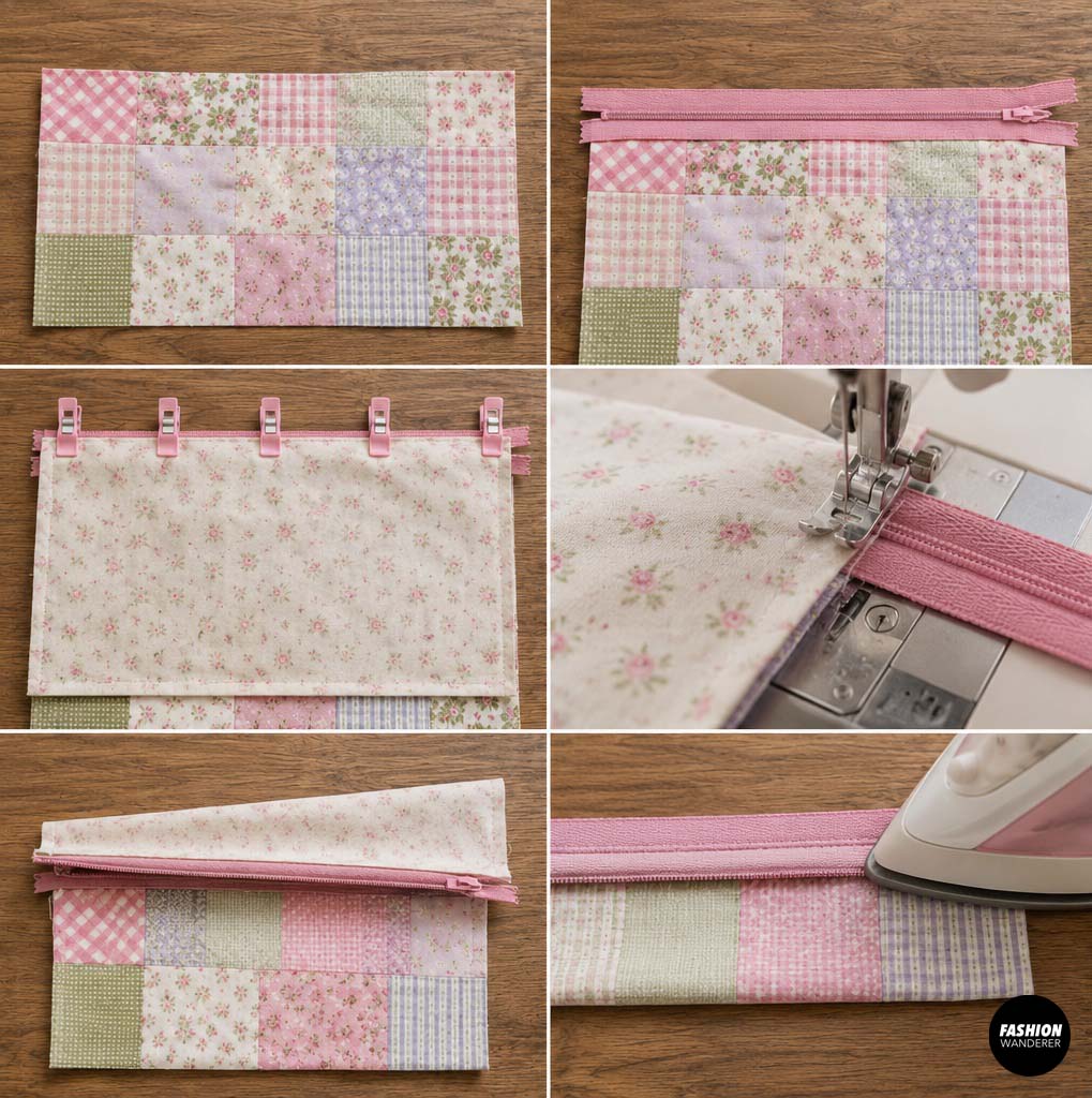 Pink zipper layered between a pastel patchwork exterior panel and floral lining fabric, clipped in place, machine stitched, opened, and pressed flat.