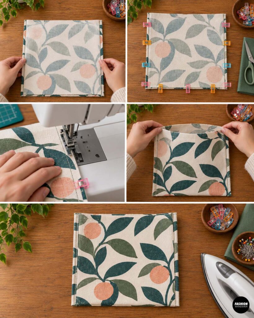 Collage showing citrus print exterior lunch bag panels placed right sides together, clipped along the sides and bottom, sewn by machine, and pressed flat.