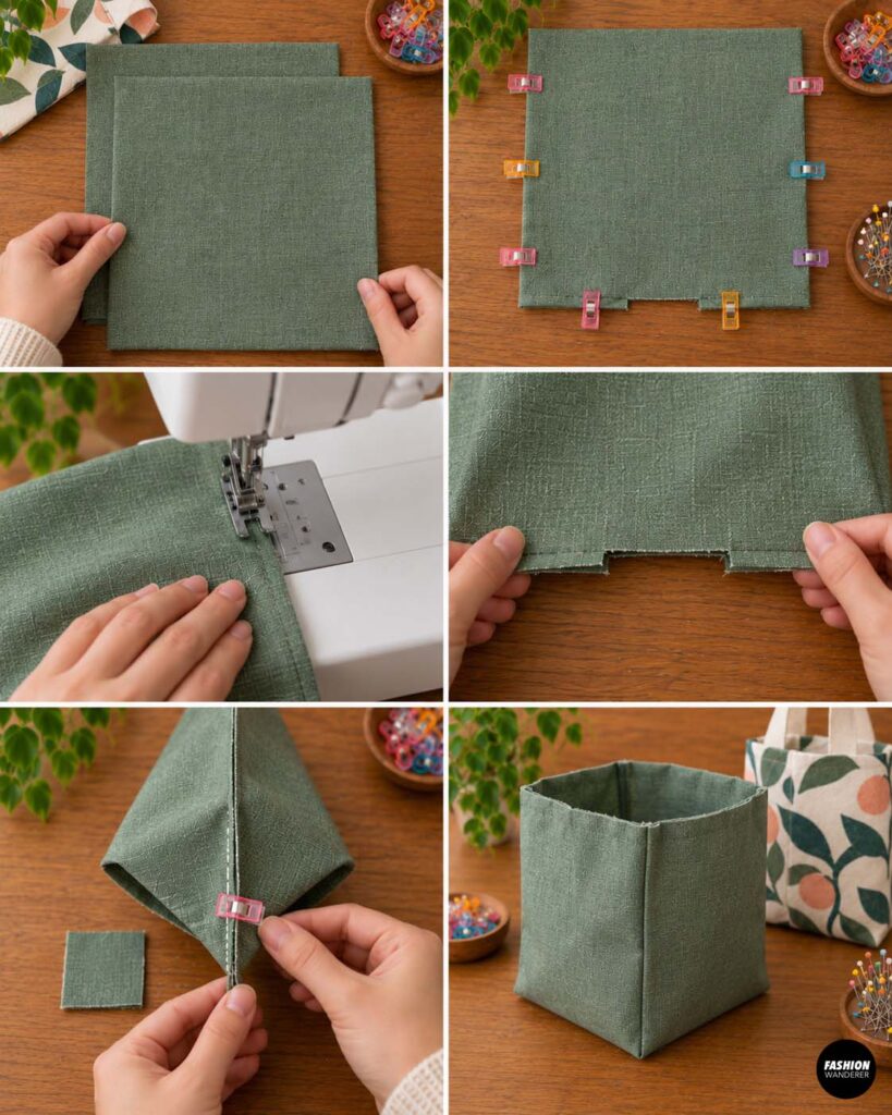 Step-by-step collage showing green lining fabric clipped, stitched along the sides and bottom, boxed at the corners, and formed into the lining for a reusable lunch bag.