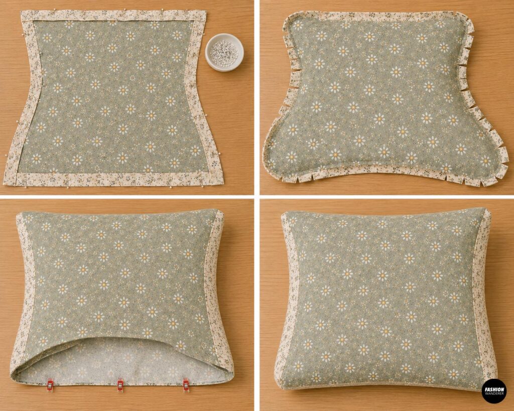 Sewing tutorial collage showing sage floral fabric and contrasting cream fabric pinned, clipped, turned, and sewn together to create the main reading pillow cushion.