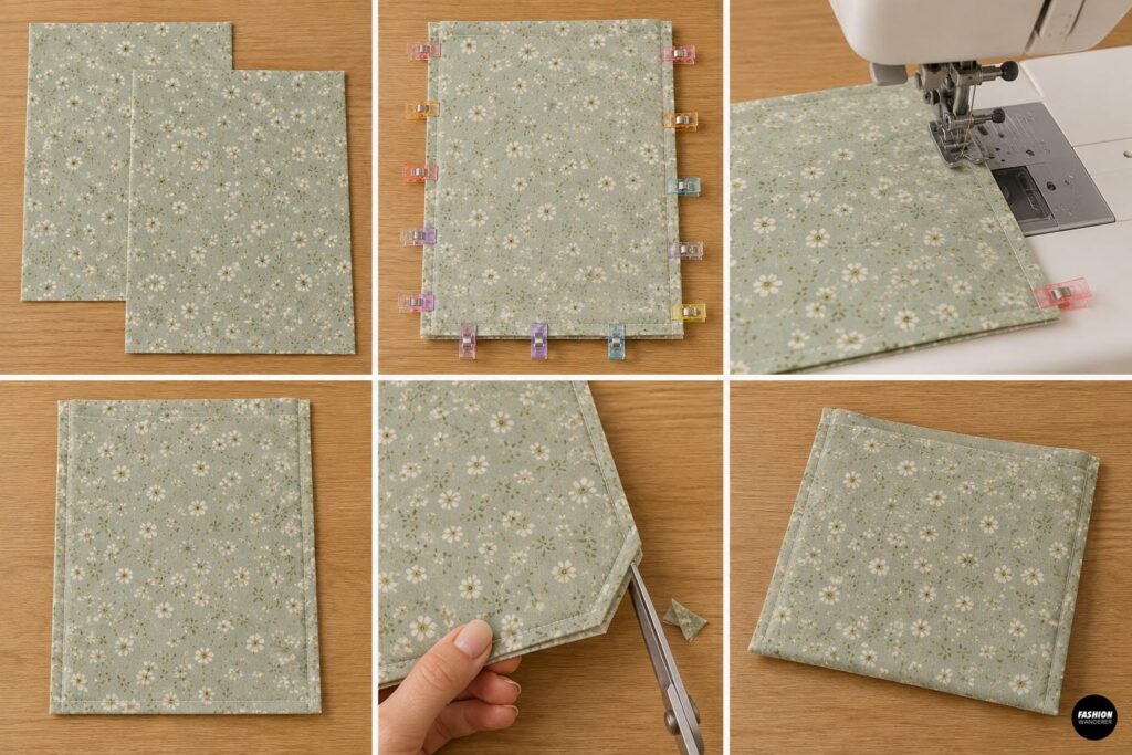 Beginner sewing steps for clipping and stitching sage green floral outer fabric to make a padded reusable book sleeve.