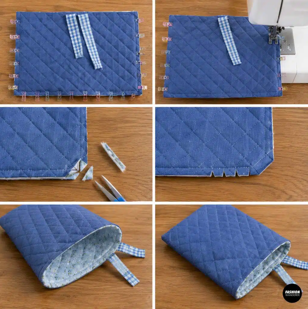 DIY quilted Kindle sleeve tutorial showing blue quilted panels clipped right sides together, sewn around the sides and bottom, corners trimmed, and the outer sleeve turned right side out.