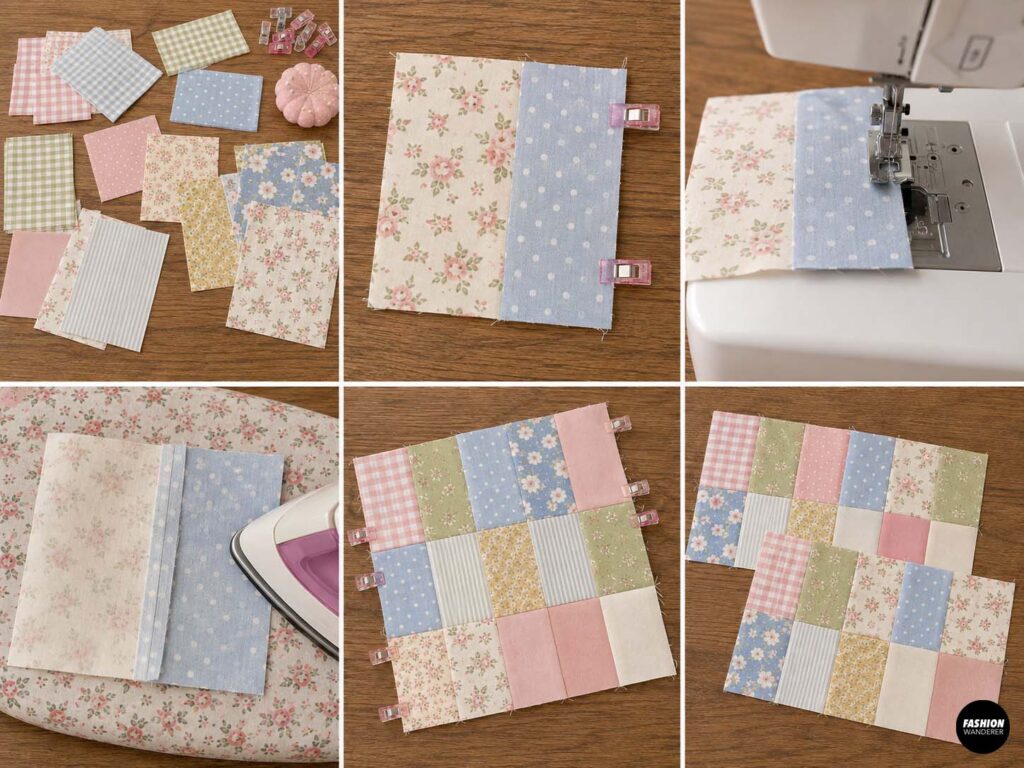 Pastel floral, gingham, striped, and polka-dot fabric rectangles clipped and sewn together on a sewing machine, then pressed and arranged into two patchwork panels for a zipper pouch.
