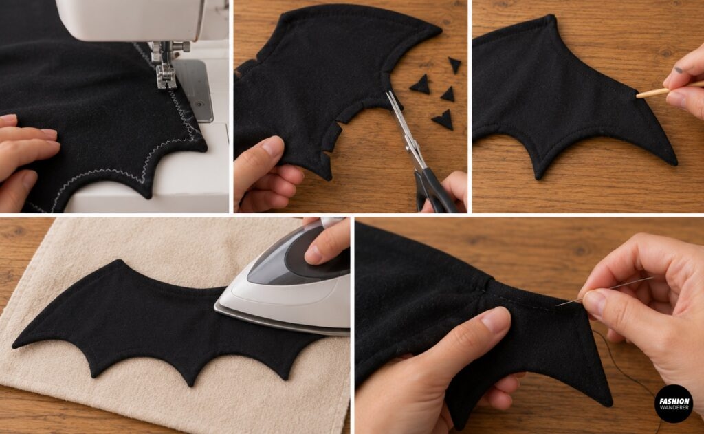 Sewing collage showing black bat wings edge stitched with a sewing machine, and detailed topstitching added to create decorative bat wing sections.