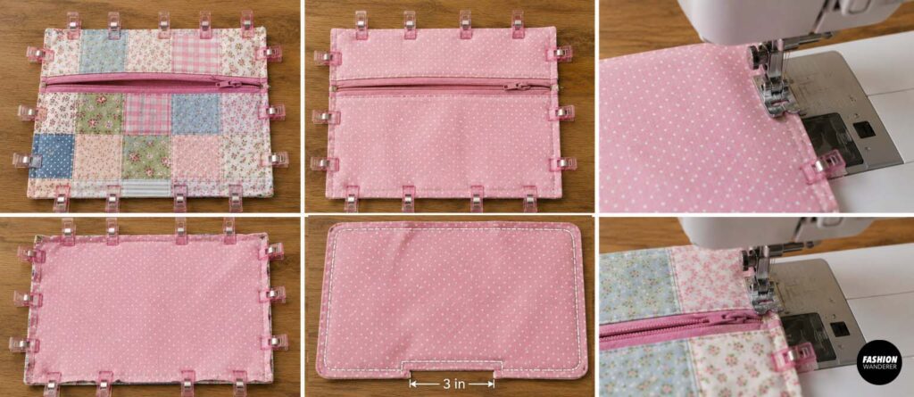 Patchwork zipper pouch exterior and pink polka-dot lining placed right sides together, clipped around the edges, and machine stitched while leaving an opening in the lining for turning.