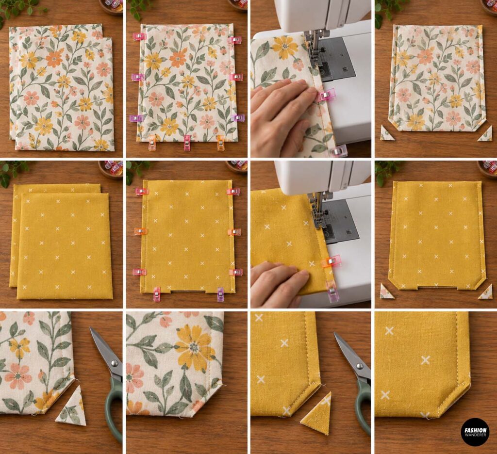 Sewing tutorial collage showing floral exterior and mustard lining fabric pieces clipped and stitched around the sides and bottom, with corners trimmed to reduce bulk.